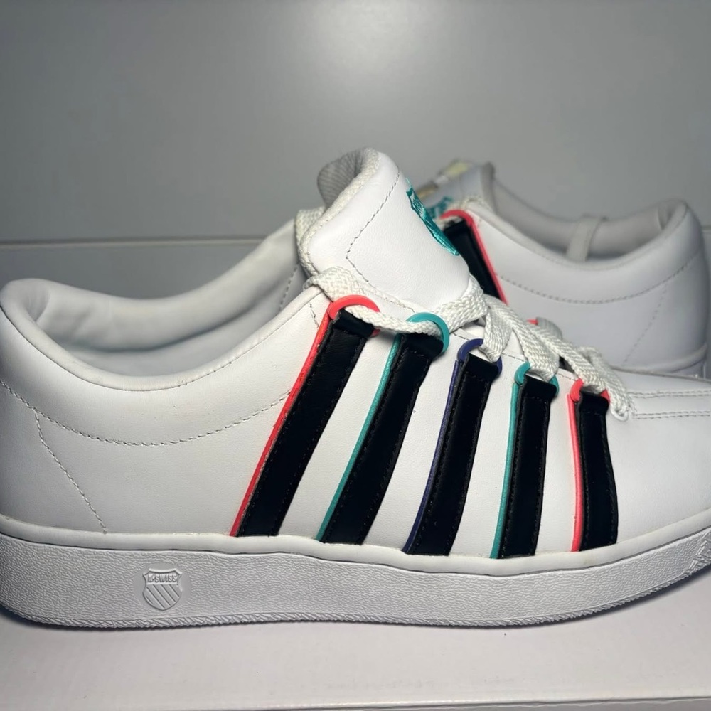 White Sneakers with Black and Multicolor Stripes